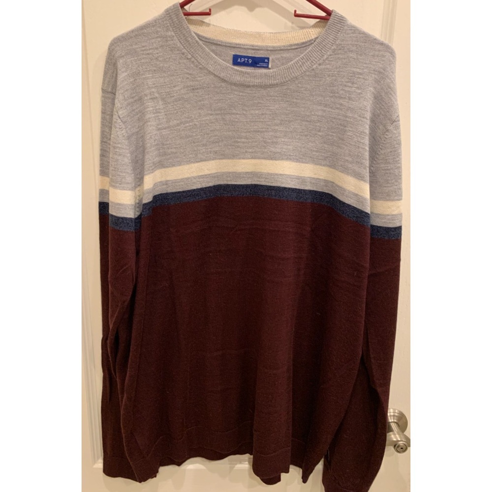 APT. 9‎ Men's XL Merino Wool Blend Sweater Gray Burgundy Stripe Crewneck